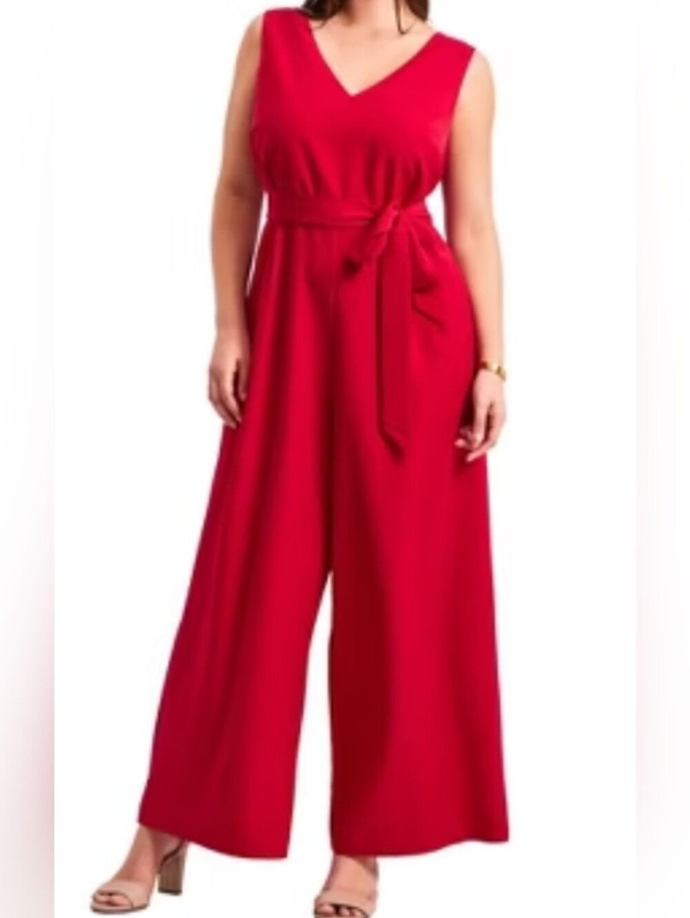 Shelby & Palmer Red V-Neck Wide-Leg Sleeveless Jumpsuit with Tie Belt SZ. 16